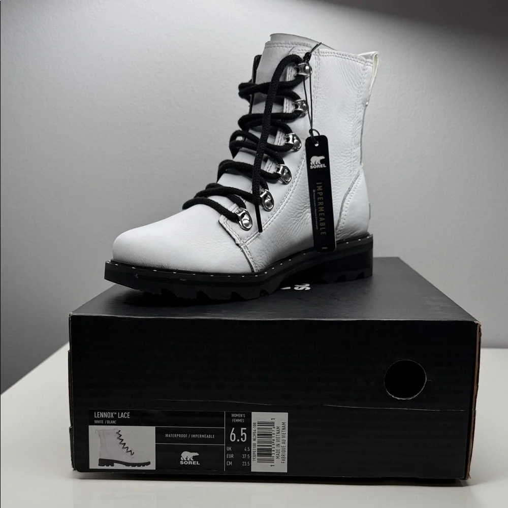 NIB Sorel Lennox Lace White Leather Waterproof Boots - 6.5 - Picture 2 of 12